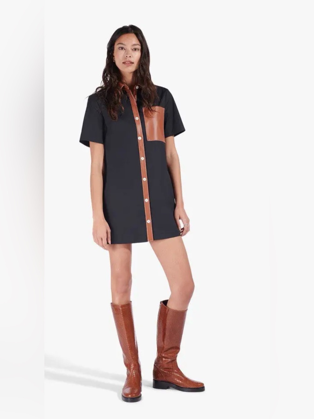 STAUD Switch Mini Shirt Dress M Navy Whiskey Faux Leather Trim Fall Preppy
